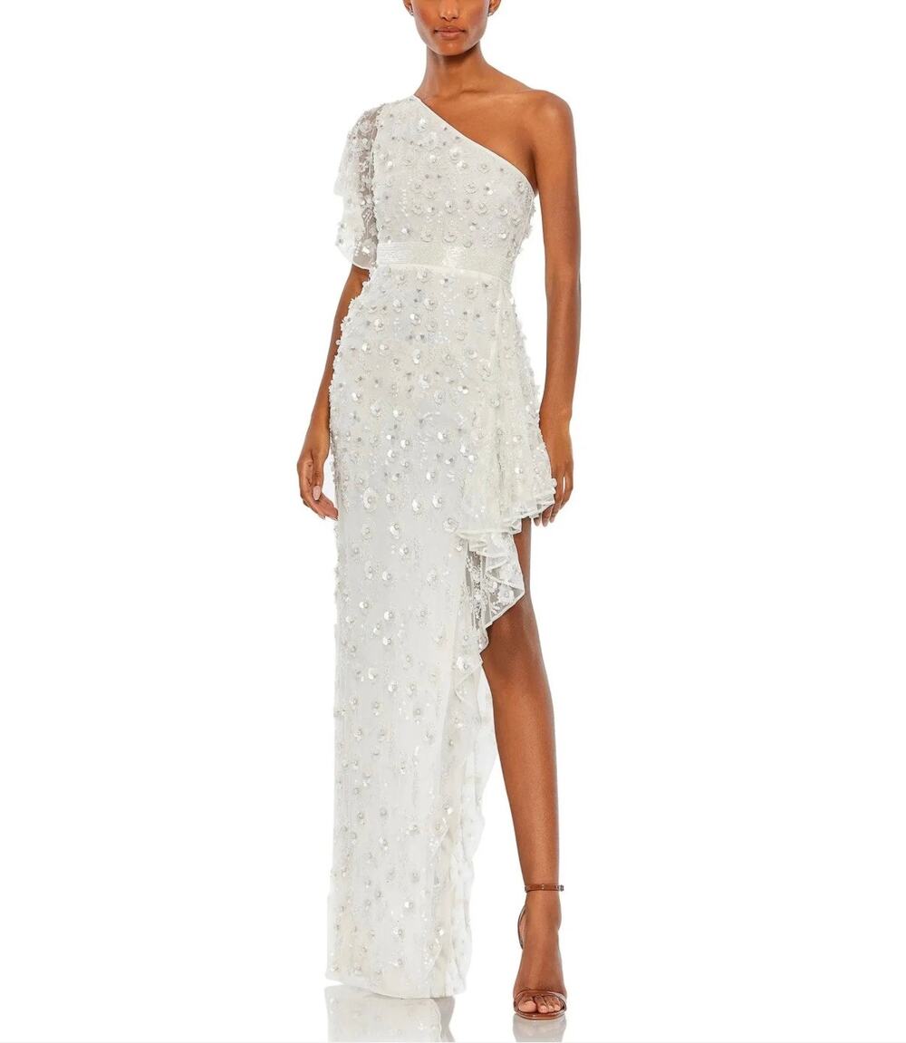 Mac Duggal 93687 White Evening Gown Beaded One Shoulder High Low Dress Size 18